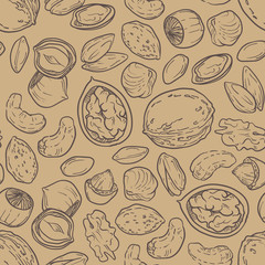 Seamless pattern with nuts sketches. Hand drawn vector illustration. Organic food. Craft paper background, wallpaper design, packaging design