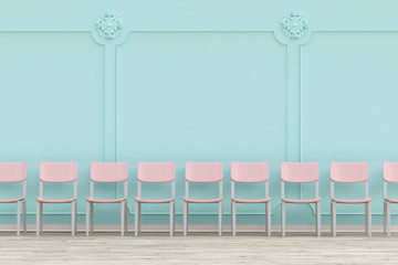 3D rendering of chairs in a row in a big turquoise waiting room with stucco