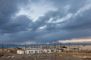 Fototapeta na wymiar Tajikistan, Karakul town under stormy sky