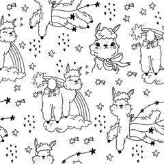 Monochrome vector seamless pattern with alpaca and llama. Cute background for children's rooms, doors, wallpapers. Doodle style