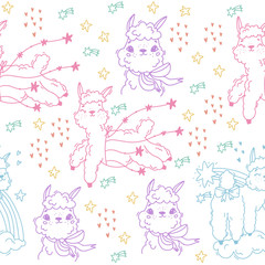 Monochrome vector seamless pattern with alpaca and llama. Cute background for children's rooms, doors, wallpapers. Doodle style. Pastel colors. Gentle