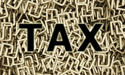 text tax on background of symbols of indian currency shekel