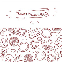 Bon, appetit, tasty set ingredients or toppings for Italian pizza, cut into slices or pieces, drawing or sketchy style of tasty pizza with vegetables. Fresh pizza with meat and veggies, vector