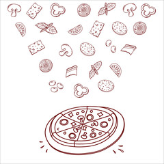 Bon, appetit, tasty set ingredients or toppings for Italian pizza, cut into slices or pieces, drawing or sketchy style of tasty pizza with vegetables. Fresh pizza with meat and veggies, vector