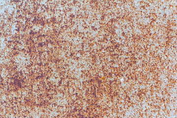 Brown and yellow rust on white enamel, corroded metal background. Rust through the paint