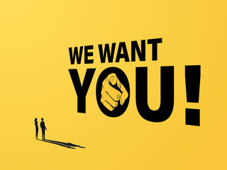 Hiring ad banner or poster vector concept with sign and pointing hand at people. Recruitment, job vacancy promotion.