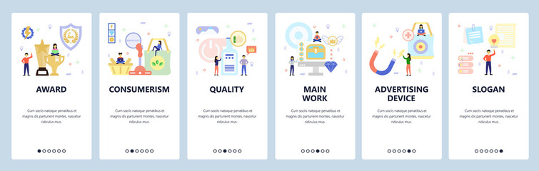 Mobile app onboarding screens. People shop gorcery, award, winner trophy, gimmick, magnet, idea. Menu vector banner template for website and mobile development. Web site design flat illustration