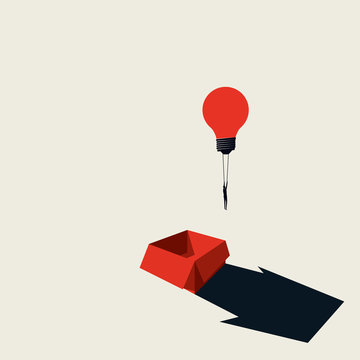 Think Outside The Box Business Creative Vector Concept With Businessman Flying Away On Lightbulb Balloon.