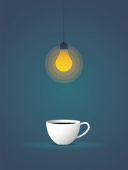 Coffee and lightbulb as creativity vector concept. Symbol of brainstorming, getting new ideas, imagination stimulation.
