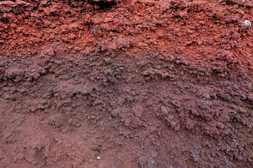 A cut of soil with rocks and red soil