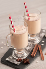 Eggnog in glass cups with a delicate foam, spices and a cinnamon stick