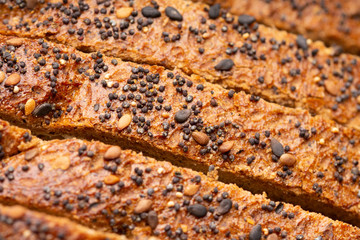 Sliced bread with seeds. Closeup