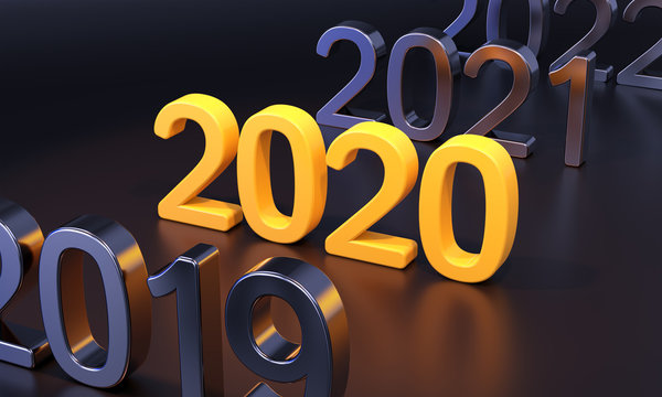 Gold Numbers 2020 On Fark Background. New Year Concept