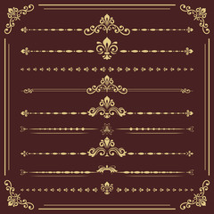 Fototapeta premium Vintage set of vector decorative golden elements. Horizontal separators in the frame. Collection of different ornaments. Classic golden patterns. Set of vintage patterns