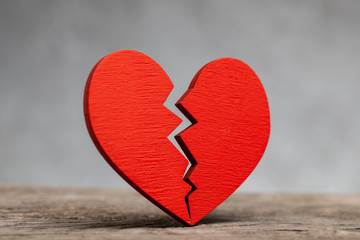 Fototapeta premium Broken heart. Crack in the red heart, Breaking the relationship. Grey background.