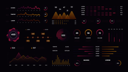Technology hud user interface graphic display. Vector interactive UX website panel on dark background with charts, diagrams. Data screen, futuristic ui infographic