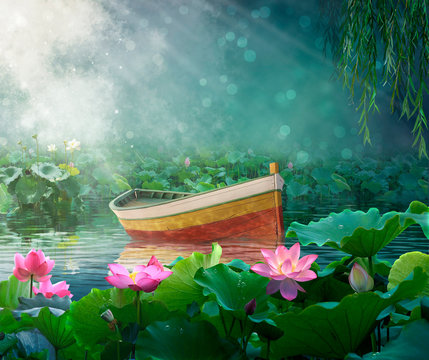 Boat In A Fantasy River With Lotus Plants.