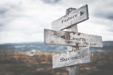 Failure, learn, success signpost in nature. Path, road, learn by doing, learning, corporate, fail, business concept.