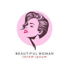 Modern short hair woman's face logo Vintage hairstyle, short hairstyle under the concept of hair salon or beauty salon