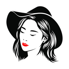 The logo of the Asian woman's face, short hair, wearing a brimmed hat under the concept of a beauty salon by the sea.