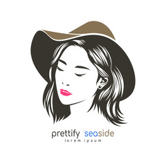 The logo of the Asian woman's face, short hair, wearing a brimmed hat under the concept of a beauty salon by the sea.