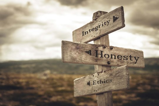 Integrity, honesty and ethics signpost in nature. Message, quotes, words, meaning, goals, company, business, rules, path concept.