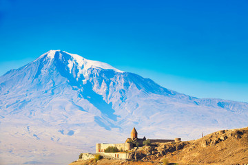 Chor Virap monastery in front of mount Ararat, Ararat province, Armenia.