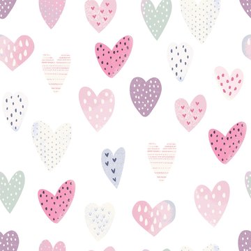 Heart seamless pattern pastel colors, vector love illustration on white background of random hearts.