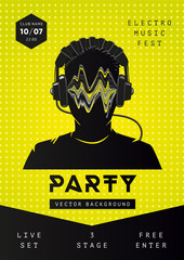 Electro music party poster template. Dance festival background with dj face. Night club flyer design