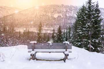 Wooden bench facing away, out towards winter landscape with mountains and fir trees. All covered in snow. Warm sun glowing, snowfall with gleaming snowflakes. Orange, green and white colors. Norway.