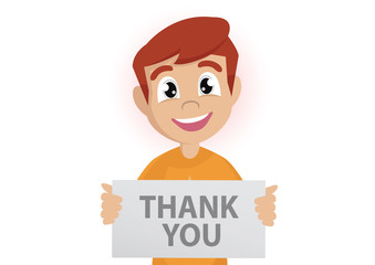 Cartoon character, Happy Boy Holding Big "Thank You" Sign.