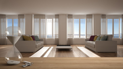 Wooden table, desk or shelf with crystal modern hourglass measuring passing time in a countdown to a deadline over living room, architecture interior design, copy space background