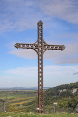 Modern metal cross at Croix-du-Dan, on a mountain above the town of Poligny, in the Jura department in Franche-Comté.
