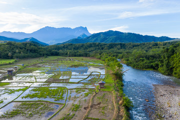 Aerial drone image of Beautiful Nature rural landscape with Mount Kinabalu View from Tegudon, Kota...