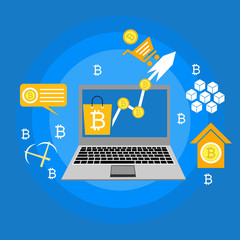 Bitcoin mining. Laptop connected with e-wallet