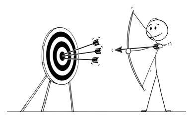 Vector cartoon stick figure drawing conceptual illustration of successful man or businessman shooting arrow at target with bow. Business concept of pointing at goal or success.