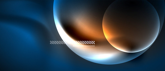 Glowing neon transparent bubbles background. Techno modern circles in dark space.