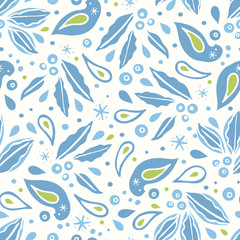 Holiday Holly Berry Winter Bird folk art seamless vector pattern. Holly berry, bird, star and snow flake in blue tones. All over print. Perfect for christmas season and winter holiday.