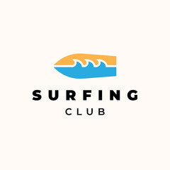 Surfing board and wave illustration for surfing club logo template design.