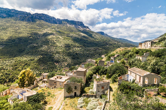 Abandoned mountain village Gairo Vecchio destroyed by a flood and called Ghost Town. South Sardinia, Italy.	