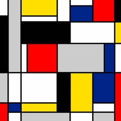 Obraz premium Abstract painting, geometric, squares, black, blue, yellow, red