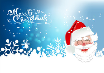happy Santa Claus on blue abstract background merry Christmas lettering vector drawing.