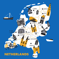 Vector illustrated map of Netherlands with main attractions and landmarks.