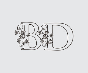 Letter B, D and BD Vintage Floral Logo Icon, overlapping monogram logo, Simple Swirl Black color Logo on white background. Classy Letter Logo Icon.