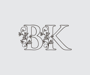 Letter B, K and BK Vintage Floral Logo Icon, overlapping monogram logo, Simple Swirl Black color Logo on white background. Classy Letter Logo Icon.