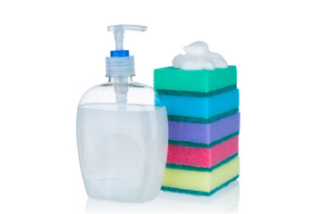 Bottle liquid soap and sponges on white background