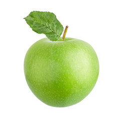 Green apple with leaf isolated on white background with clipping path