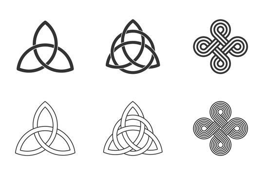 Celtic knots set on white background. Triquetra, trinity knot with circle, endless loop. Ancient ornaments symbolizing eternity. Trefoil interconnected lines. Infinite knots. Vector illustration.