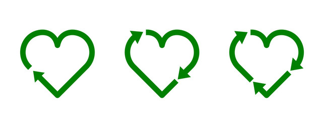 Recycle heart symbol set. Green heart shape recycle icon. Reload sign. Reuse, renew, recycling materials, concept. Eco friendly concept. Love the earth. Conscious consumerism. Vector illustration. 
