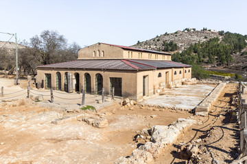 The reconstructed building of the Byzantine era in the archaeological site Ancient Shiloh in Samaria region in Benjamin district, Israel - obrazy, fototapety, plakaty